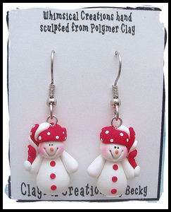 Beckys Polymer Clay   Snowman Earrings in Red White Funky Hat 