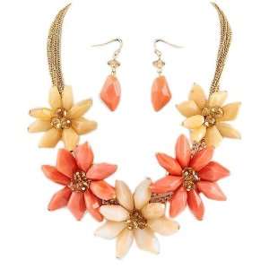  Goldtone Multi Colore Acrylic Flower Necklace and Earrings 