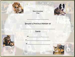 DOG ADOPTION Certificate Dog & Cat Pictures Blank  