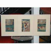 Abstract Triptych Mayan Mono Prints Mixed Media Set  