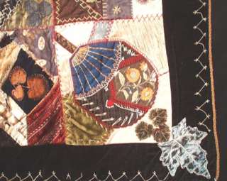   GRAPHIC HEAVILY EMBROIDERED CRAZY QUILT WITH PAINTINGS FOR STUDY