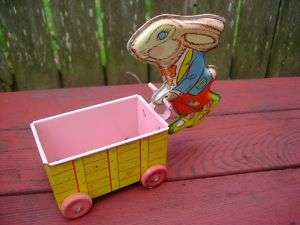 Vintage Ohio Art Tin EASTER Rabbit Pushing Cart Toy Old  