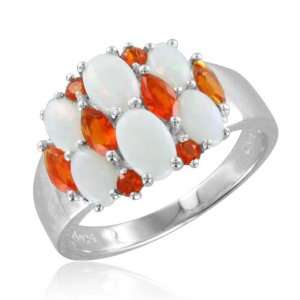  Cluster Natural Fire Opal and White Opal Ring in Sterling 