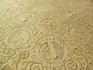   ITALIAN CANTU,FILET,NEEDLE LACE ROUND TABLECLOTH 11 FIGURAL INSERTS