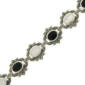   Marcasite Mother of Pearl and Black Onyx Flower Bracelet Jewelry
