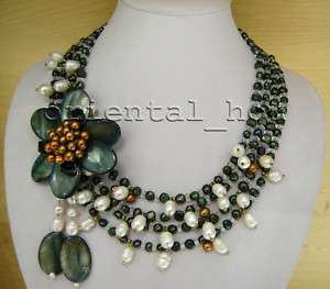 Natural White,Peacock Green Pearl&Shell Flower Necklace  