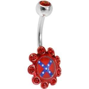    Ruby Red Gem Confederate Flag Logo Flower Belly Ring Jewelry