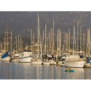 Sailboats Docked in the Santa Barbara Harbor with Kayakers, California 