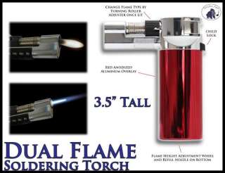   SOLDERING WELDING CIGAR PIPE TORCH LIGHTER DUAL FLAME RED & CHROME