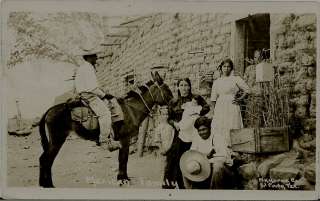 1915 REAL PHOTO Mexican Family, Adobe Home, Burro  